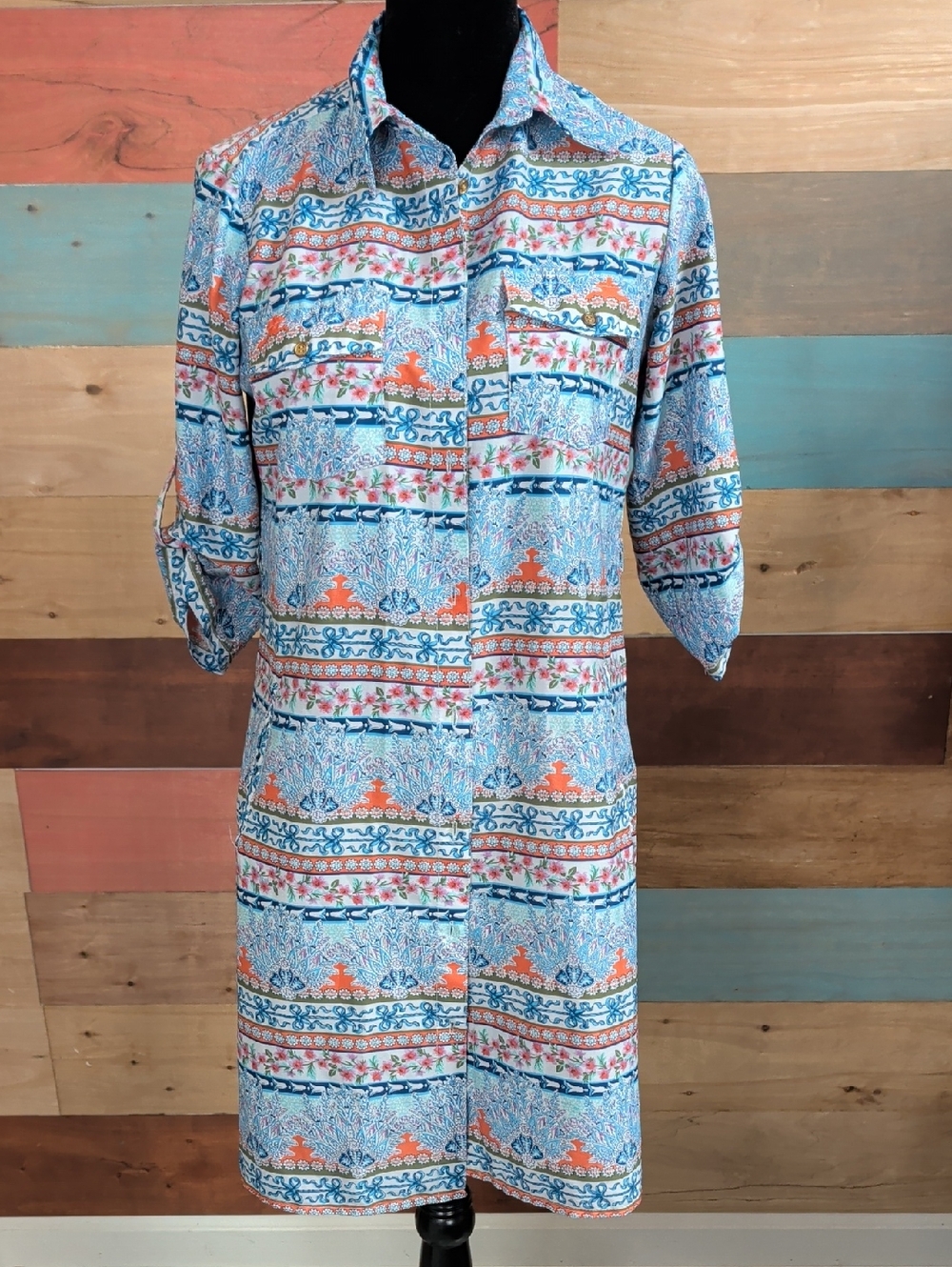 Botanical Stripe Light Blue & Orange Midi Shirt Dress